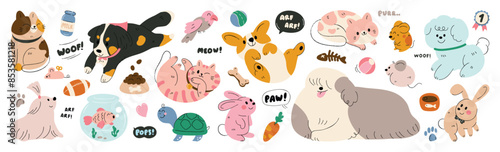 Cute pet doodle vector set. Cartoon animals characters design collection with dog, cat, bird, fish, rabbit, rat, turtle in different poses. Set of funny pet animals isolated on white background.