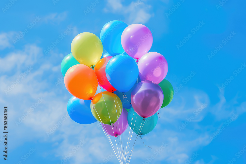 Bunch of colorful helium balloons are floating high up in blue sky Bunch of colorful helium balloons are floating high up in blue sky