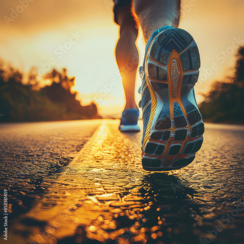 close up Runner feet running on road