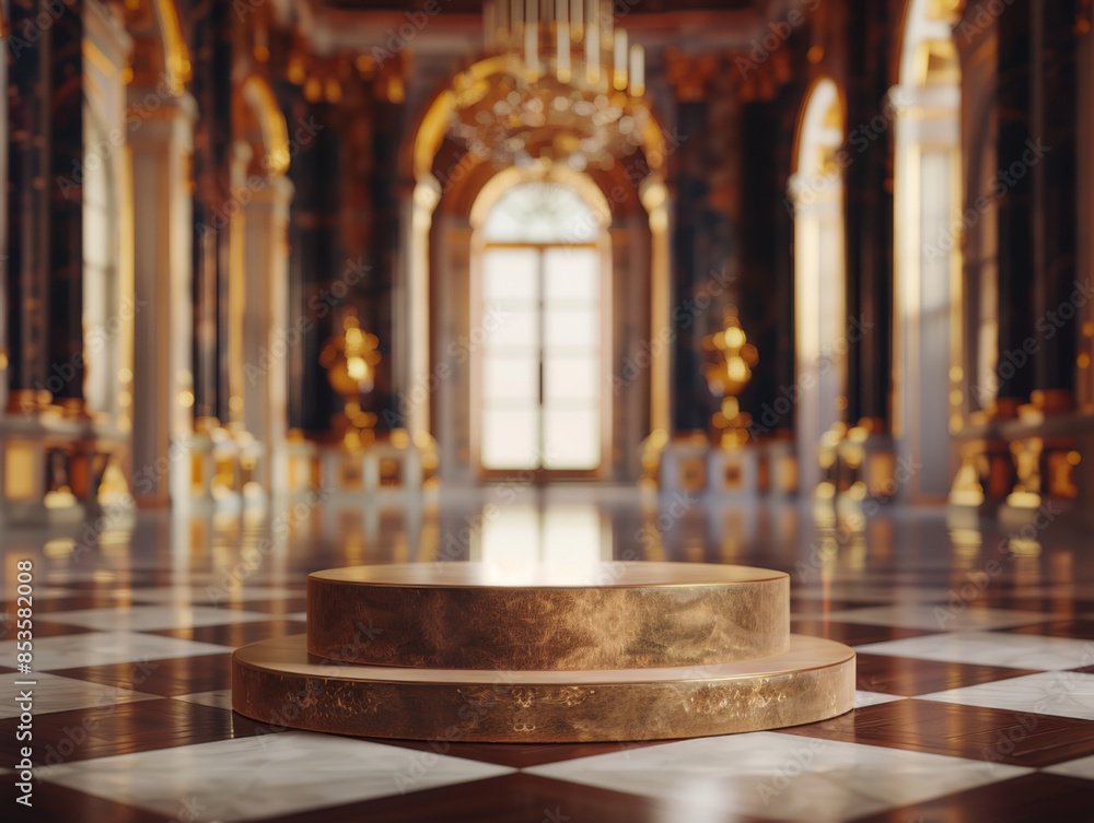 Obraz premium Elegant Velvet Podium, front view focus, with a Royal Palace Ballroom Background