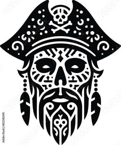 pirate in silhouete with bohemian nature pattern illustration