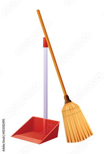 Illustration of a broom and dustpan set for cleaning. Vector isolated on white background