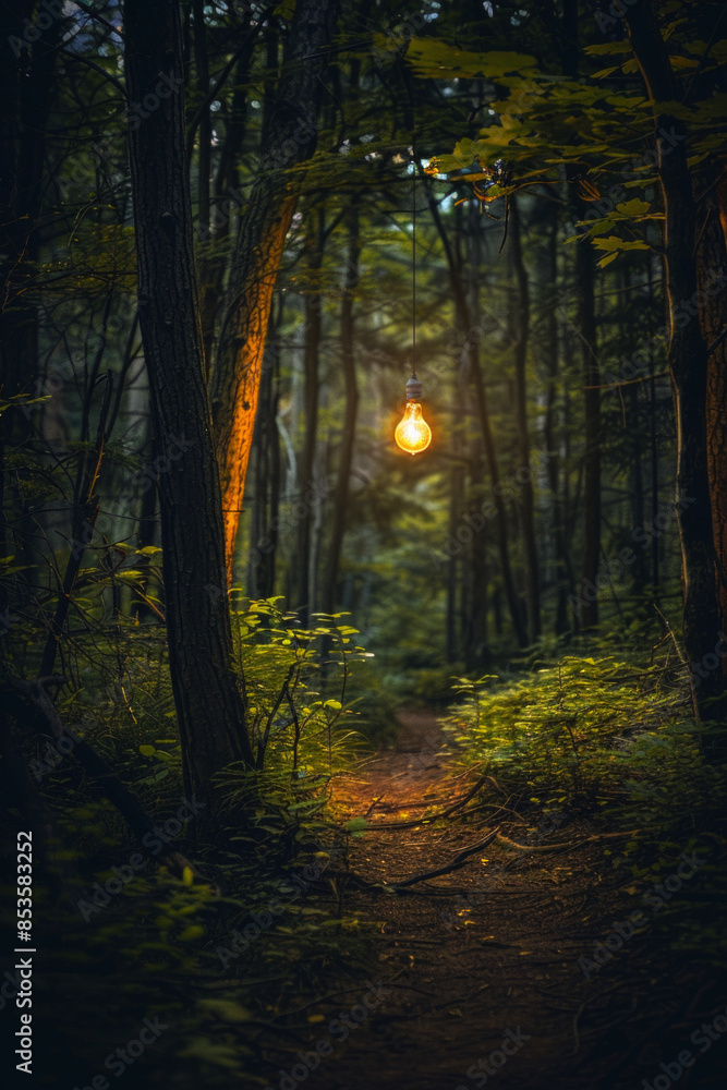 Obraz premium A single light bulb hanging in a forest, illuminating a path