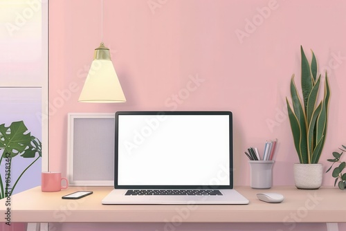 Wallpaper Mural A clean and minimal workspace with a laptop, lamp, and plants. The perfect place to work on your next project. Torontodigital.ca