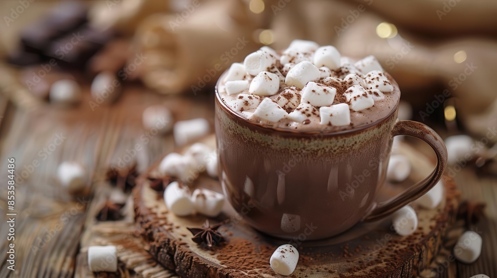 A ceramic mug filled with hot chocolate, garnished with marshmallows and chocolate shavings A ceramic mug filled with hot chocolate, garnished with marshmallows and chocolate shavings