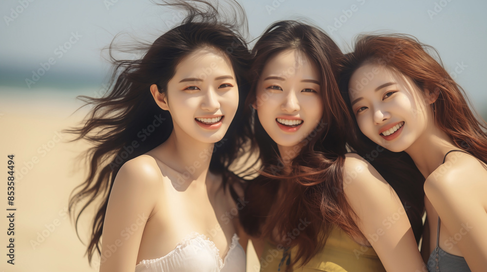 Three Gorgeous Korean Women Smiling on a Sunny Beach
Three Gorgeous Korean Women Smiling on a Sunny Beach