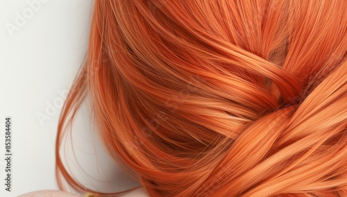 A closeup of red hair with copper highlights, showcasing the intricate waves and soft texture of each strand in high resolution detail
