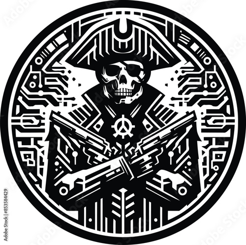 pirate silhouete with cyberpunk pattern illustration