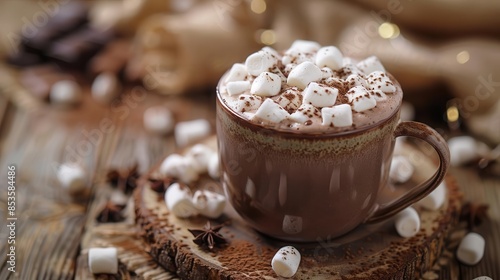 A ceramic mug filled with hot chocolate, garnished with marshmallows and chocolate shavings