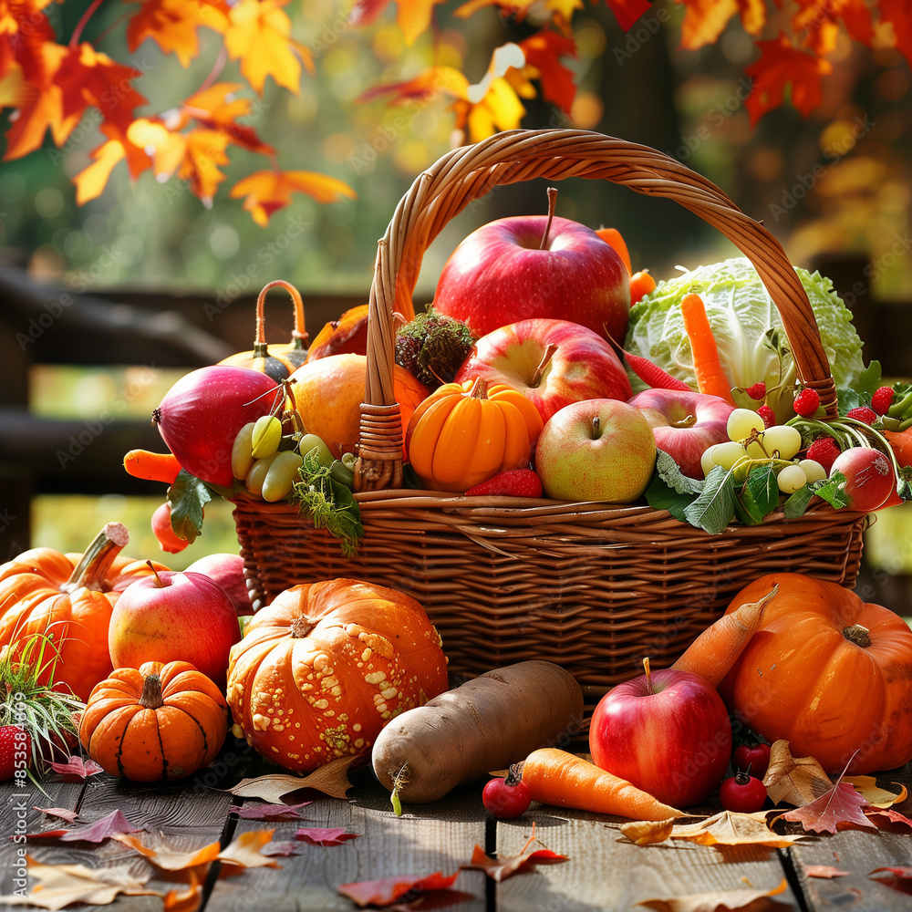 Close-up of a wicker basket overflowing with freshly picked fruits and vegetables, including apples, pumpkins, and carrots, set on a rustic wooden table with autumn leaves scattered around Close-up of a wicker basket overflowing with freshly picked fruits and vegetables, including apples, pumpkins, and carrots, set on a rustic wooden table with autumn leaves scattered around