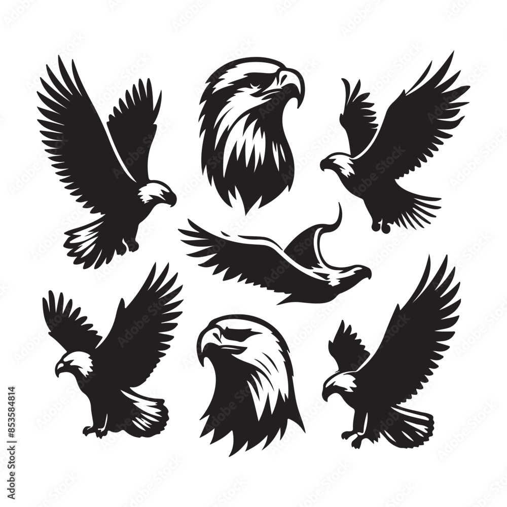 vector Bald Eagle set silhouette black in white background vector Bald Eagle set silhouette black in white background