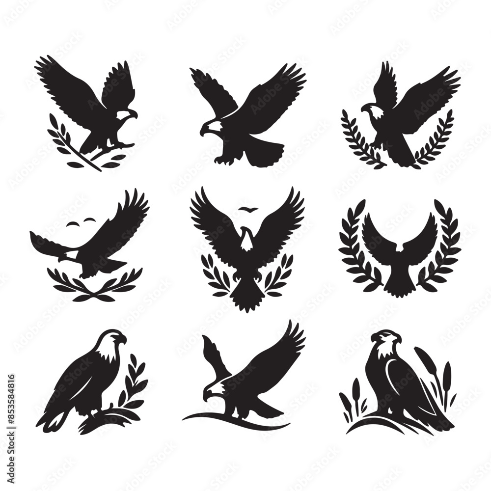 Obraz premium vector Bald Eagle set silhouette black in white background