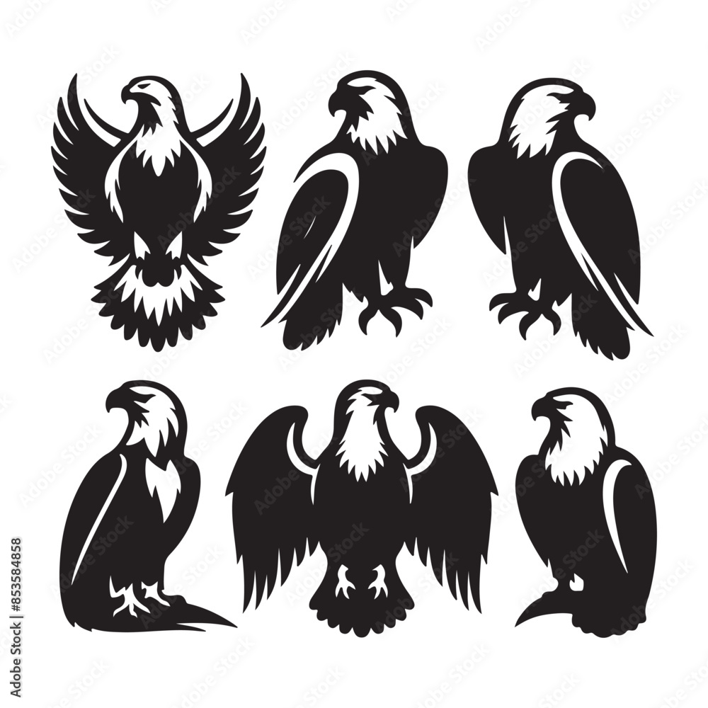 vector Bald Eagle set silhouette black in white background vector Bald Eagle set silhouette black in white background