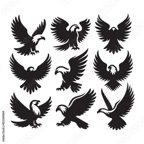 vector Bald Eagle set silhouette black in white background