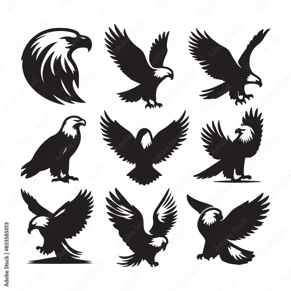 vector Bald Eagle set silhouette black in white background vector Bald Eagle set silhouette black in white background