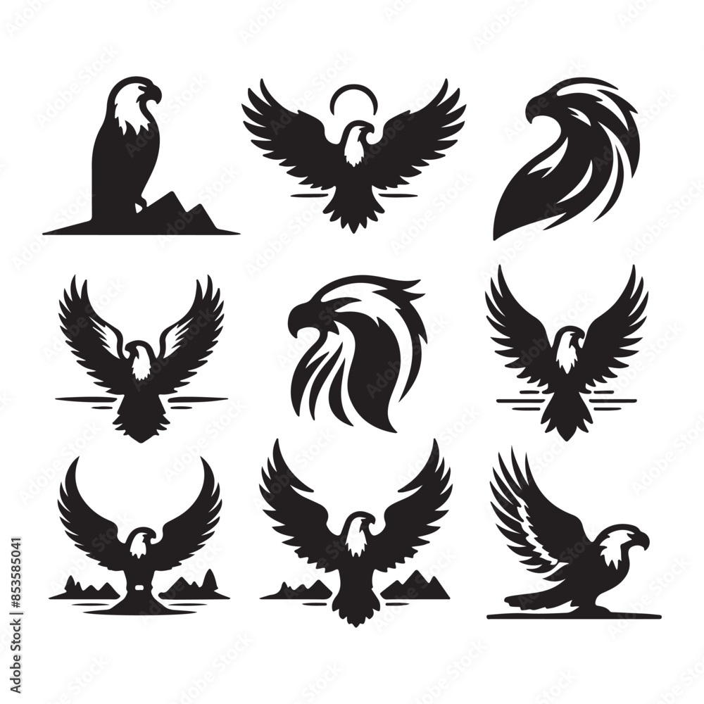 Obraz premium vector Bald Eagle set silhouette black in white background