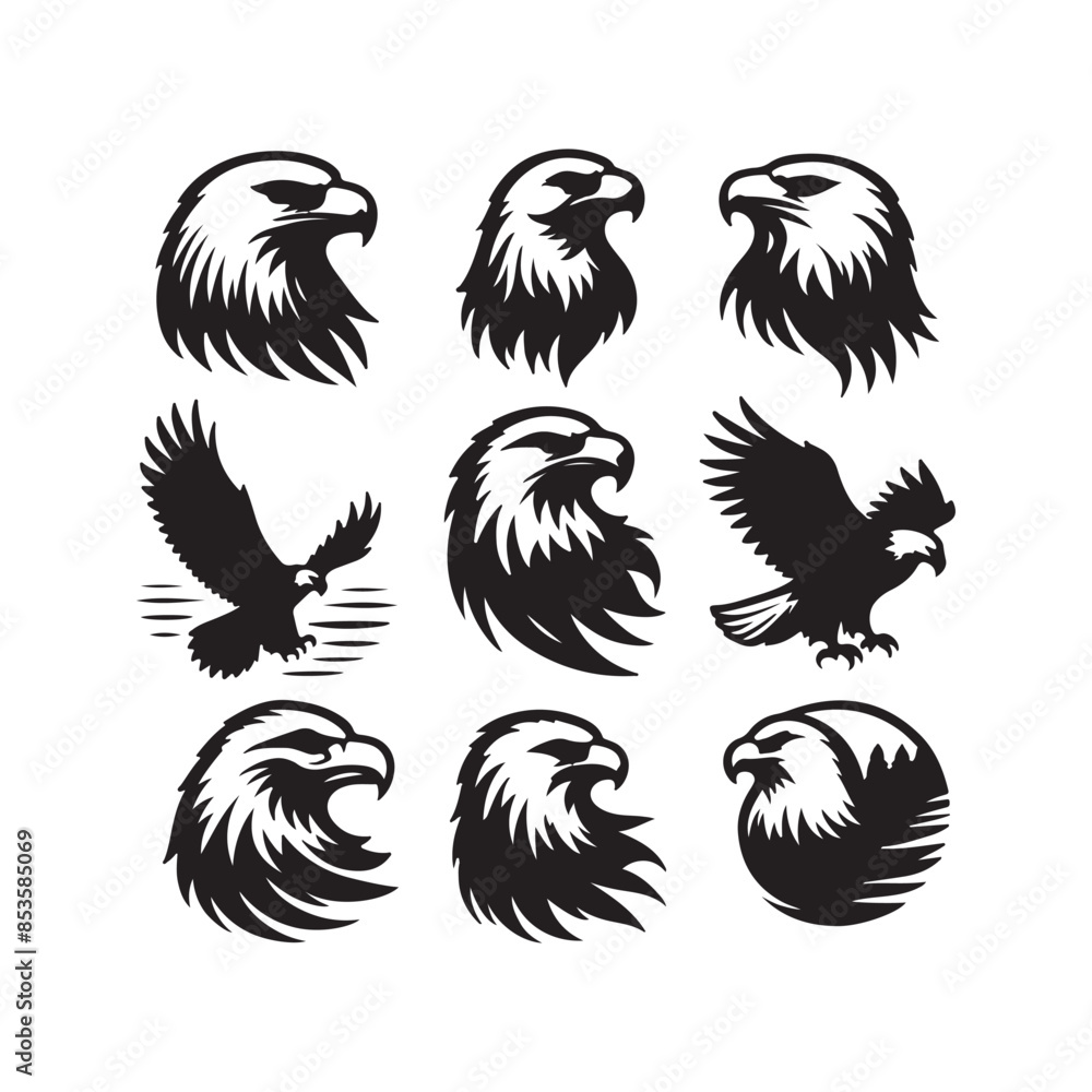 vector Bald Eagle set silhouette black in white background vector Bald Eagle set silhouette black in white background