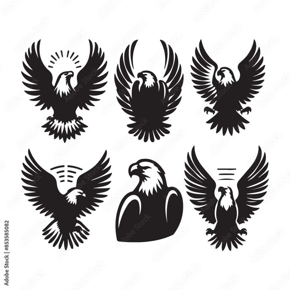 Obraz premium vector Bald Eagle set silhouette black in white background