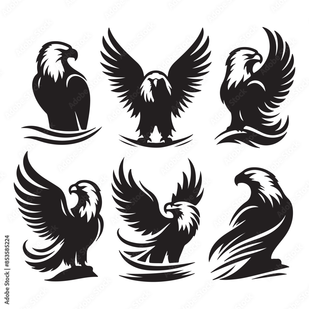 vector Bald Eagle set silhouette black in white background vector Bald Eagle set silhouette black in white background