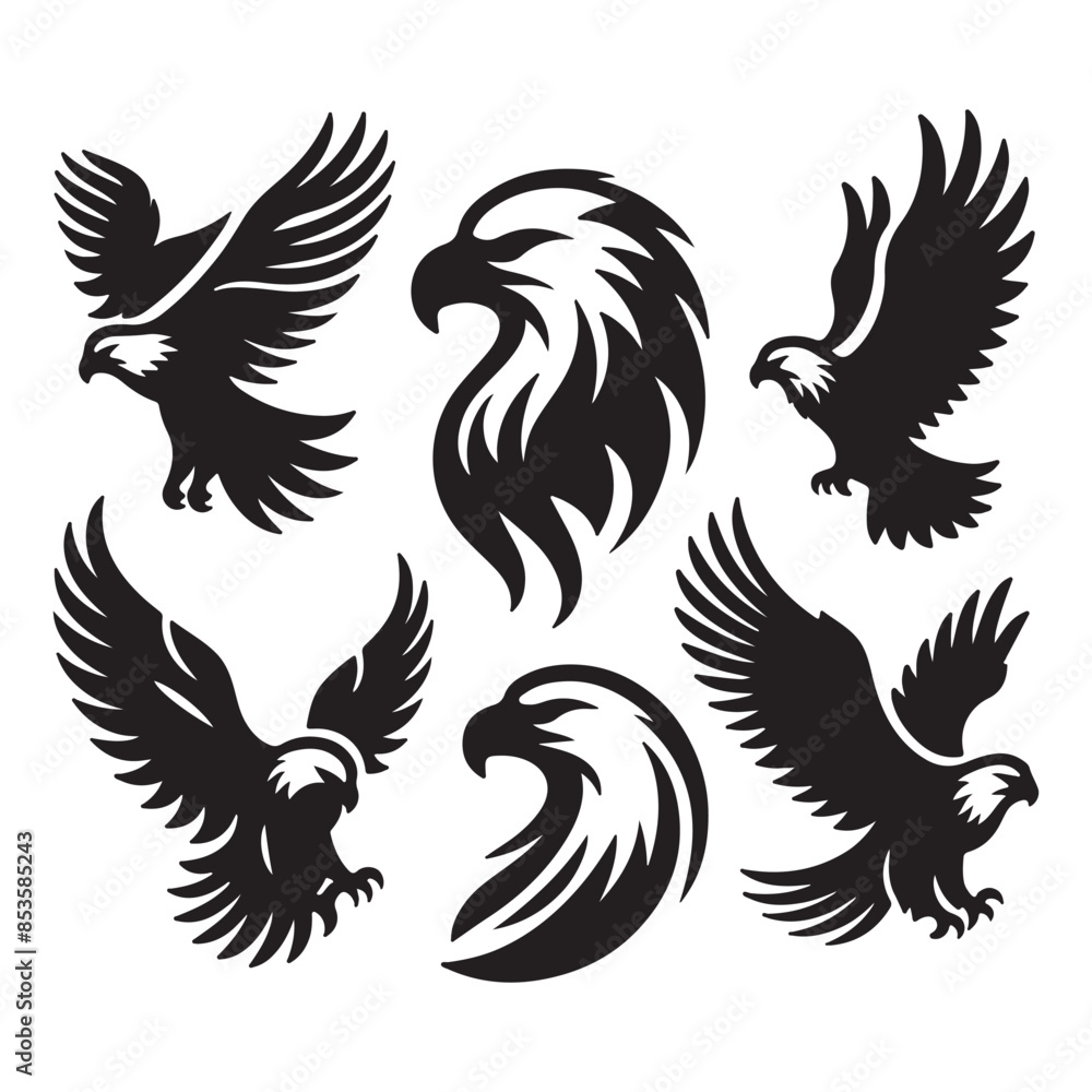 vector Bald Eagle set silhouette black in white background vector Bald Eagle set silhouette black in white background