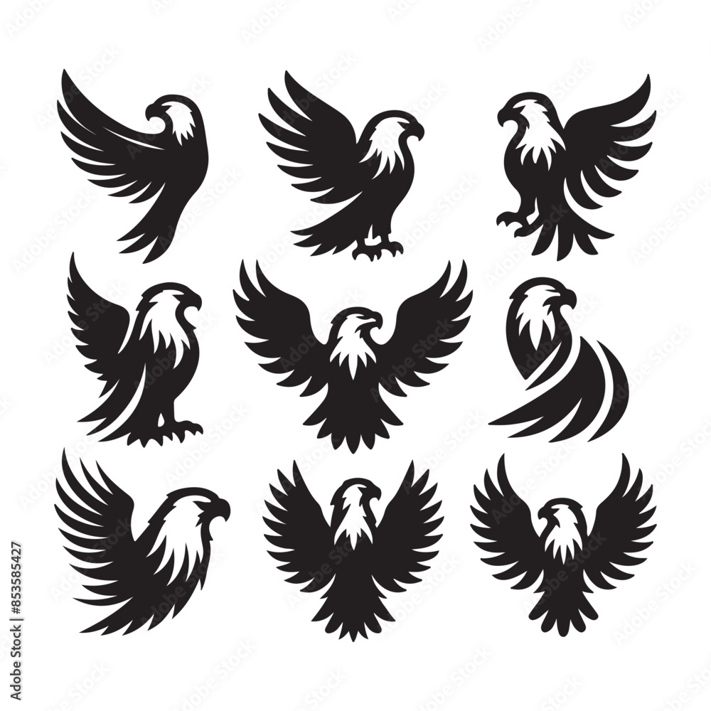 vector Bald Eagle set silhouette black in white background vector Bald Eagle set silhouette black in white background