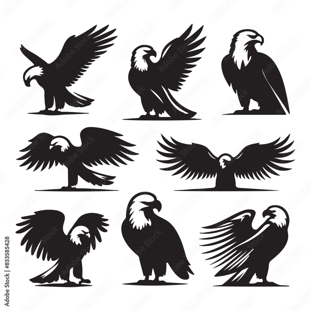 vector Bald Eagle set silhouette black in white background vector Bald Eagle set silhouette black in white background