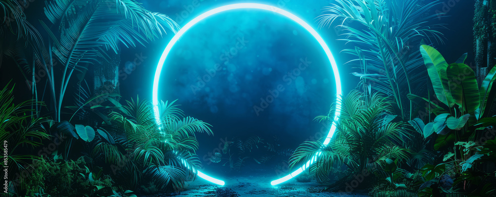 Blue and Green Neon Light with Tropical Plants. Circle shaped Fluorescent Frame in Nature Environment. Blue and Green Neon Light with Tropical Plants. Circle shaped Fluorescent Frame in Nature Environment.