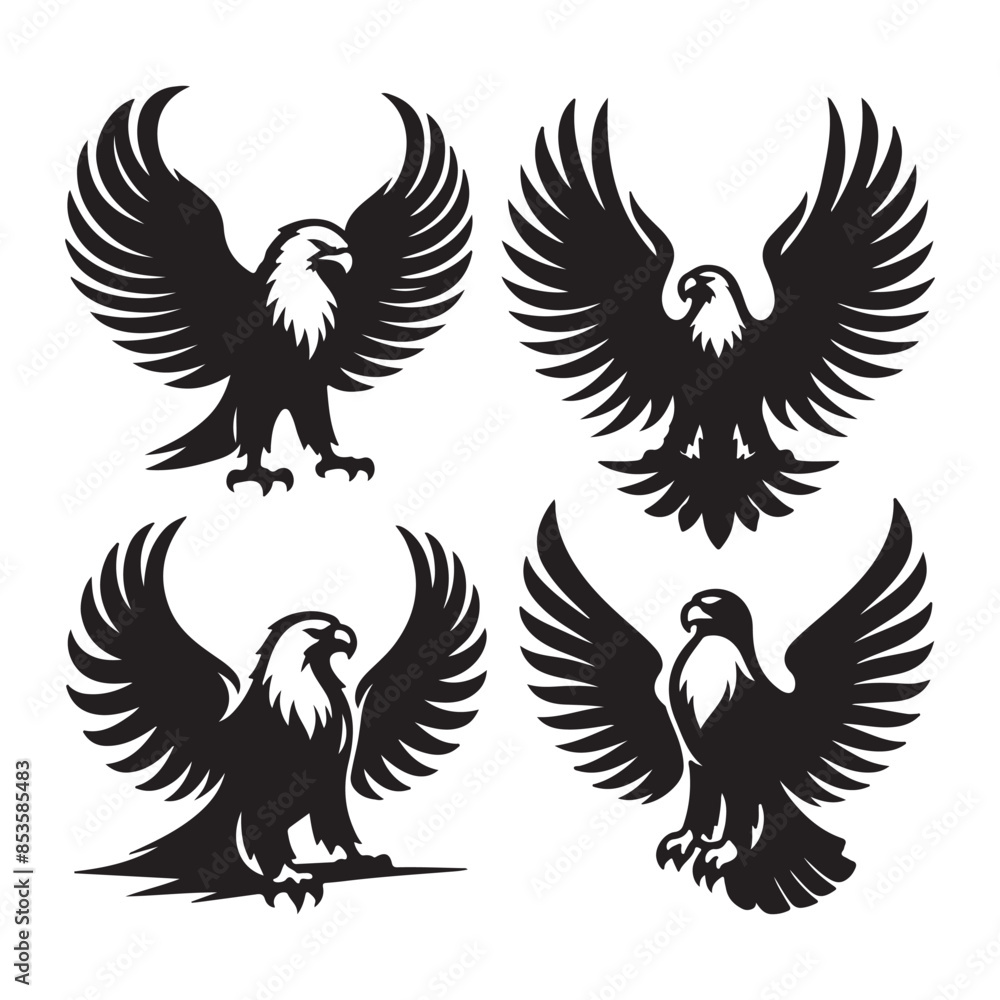 Obraz premium vector Bald Eagle set silhouette black in white background