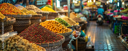 A vibrant street market in Bangkok, filled with exotic spices, handcrafted goods, and the bustling energy of local vendors, offering a glimpse into Thai culture and traditions.