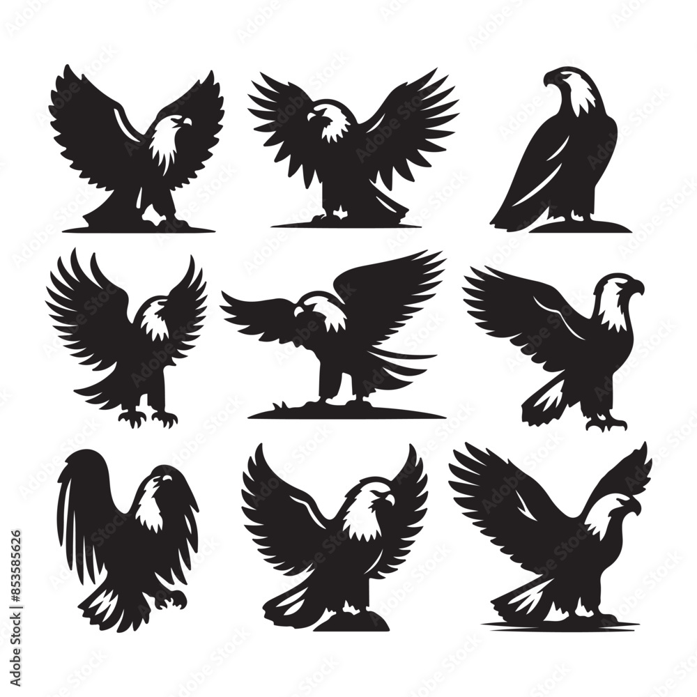 vector Bald Eagle set silhouette black in white background vector Bald Eagle set silhouette black in white background