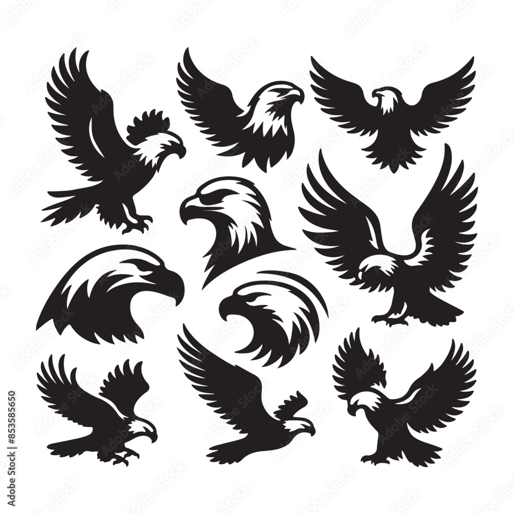 vector Bald Eagle set silhouette black in white background vector Bald Eagle set silhouette black in white background