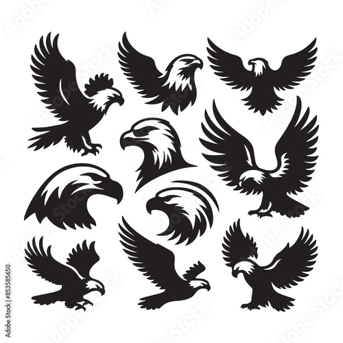 vector Bald Eagle set silhouette black in white background