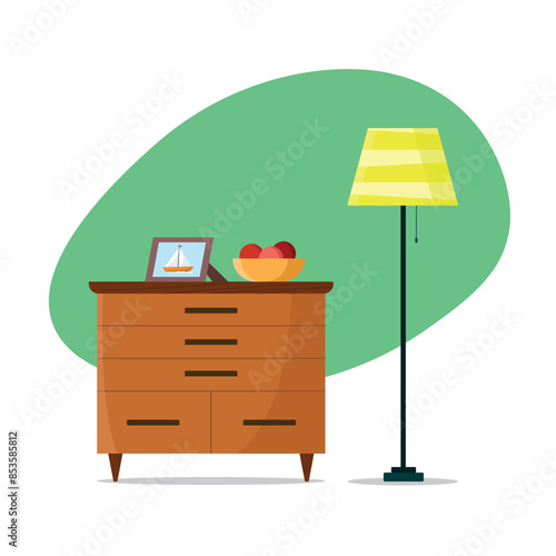 Chest of drawers with lamp, photo and plate. Vector illustration in flat cartoon style.