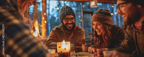 A group of friends gathering for a cozy game night at a cabin in the woods, with board games and hot cocoa by the fire.