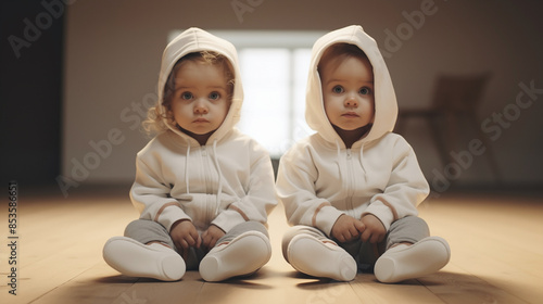 Twin Toddlers in Matching White Hoodies Sitting on Wooden Floor 