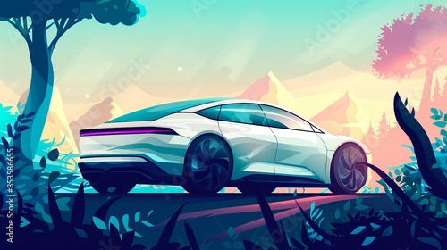 Nature Background with Electric Car Illustration photo