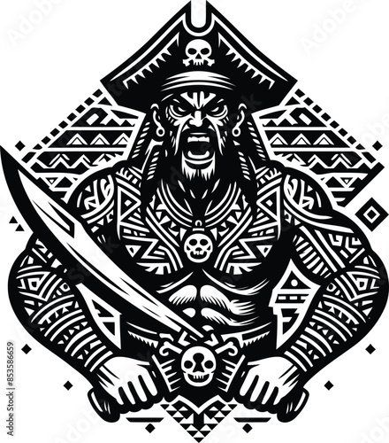  pirate silhouete with Polynesian ethnic pattern illustration