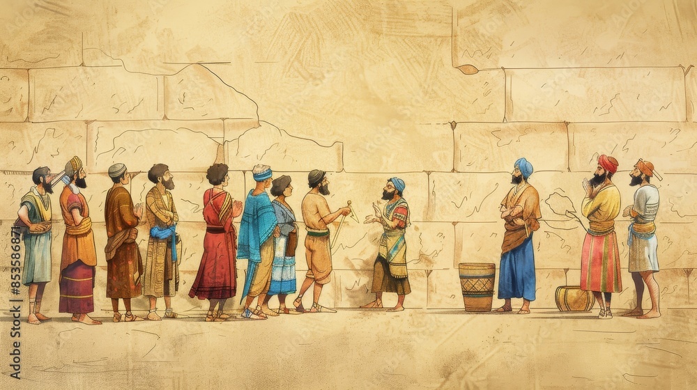 Obraz premium Genesis,Jacob Flees from Laban,Jacob's Secret Departure from Laban, Modern Beige Background, High-Resolution Biblical Art,Christian banner
