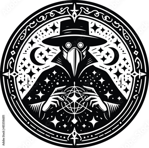 plague mask in silhouete with bohemian nature pattern illustration