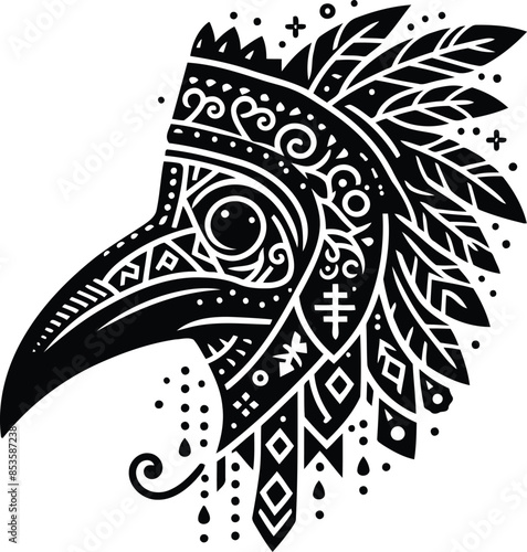 plague mask in silhouete with bohemian nature pattern illustration