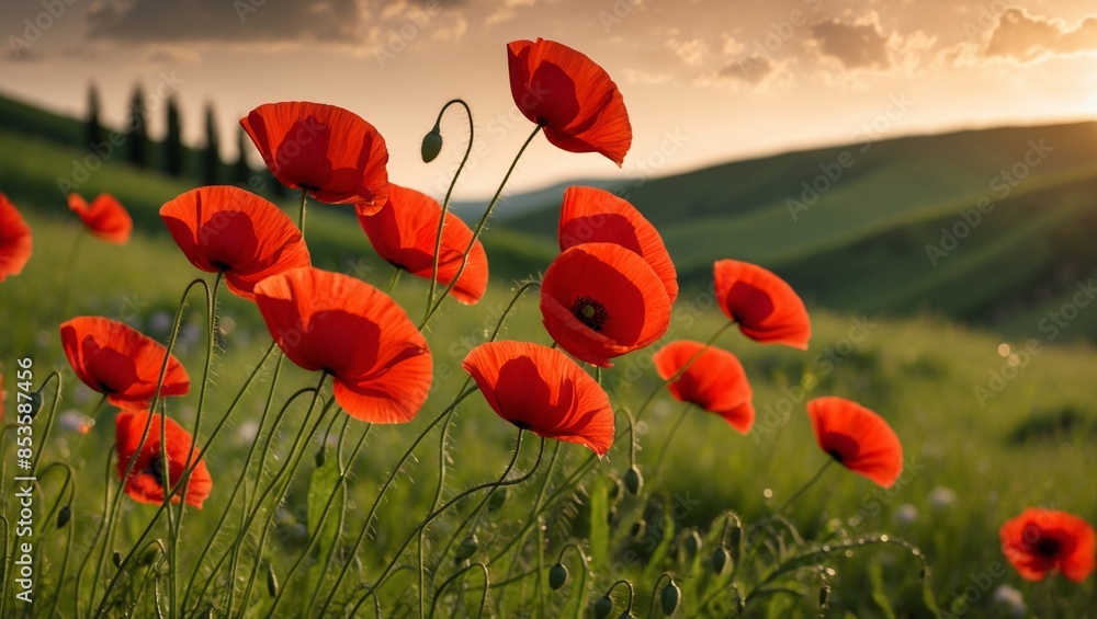 Obraz premium Field of red poppies in meadow.