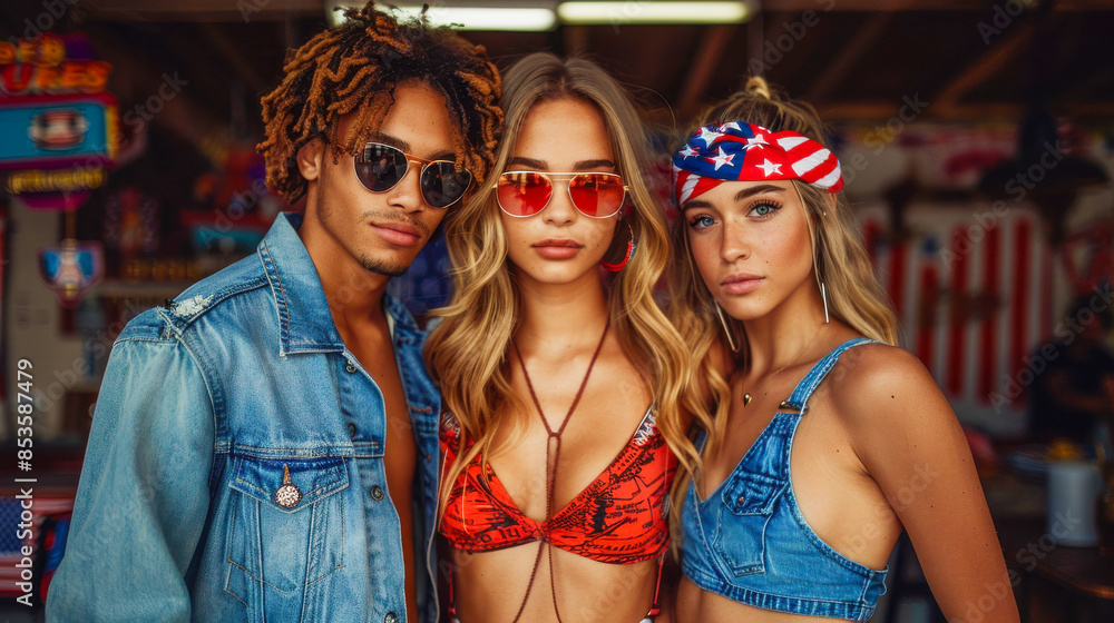 Vibrant Clothing and Patriotic Decorations Unite Three Friends in a Summer of Fun: Denim Jackets, Sunglasses, and Smiling Faces against a Blurred Outdoor Setting with American Flag Colors