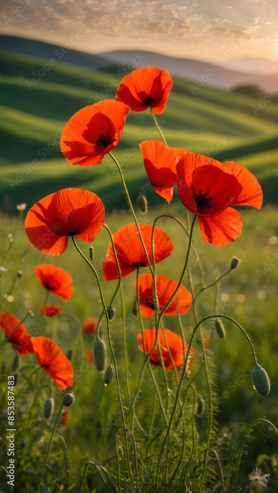 Obraz premium Field of red poppies in meadow.