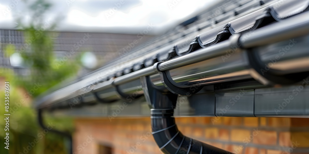 Installing a New Black Downpipe on a Tiled Roof to Enhance the Facade of a Clean Home. Concept Roofing, Home Improvement, Exterior Design, Clean Aesthetics Installing a New Black Downpipe on a Tiled Roof to Enhance the Facade of a Clean Home. Concept Roofing, Home Improvement, Exterior Design, Clean Aesthetics