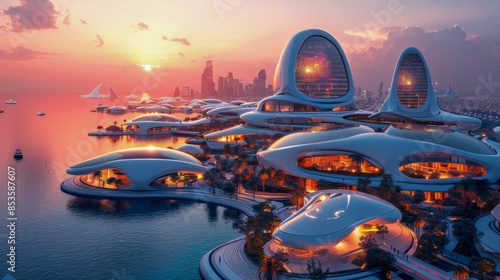 Ethereal Cityscape: Futuristic Metropolis Transformed by Alien Influence and Advanced Technology at Sunset