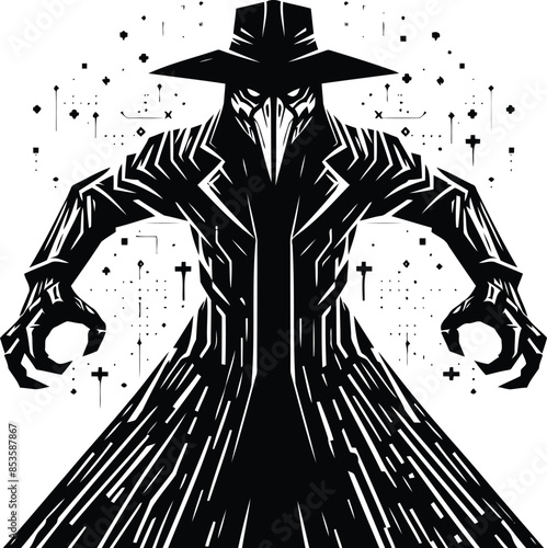 plague mask silhouete with cyberpunk pattern illustration