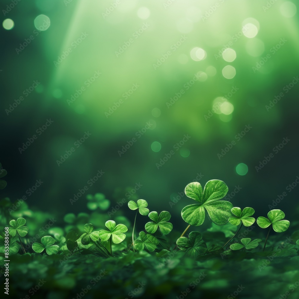 Close-up of clover leaves with bokeh lights on a green background. Macro shot of fresh green foliage Close-up of clover leaves with bokeh lights on a green background. Macro shot of fresh green foliage