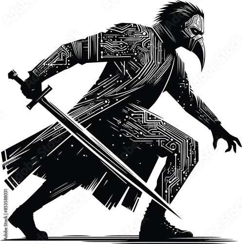 plague mask silhouete with cyberpunk pattern illustration