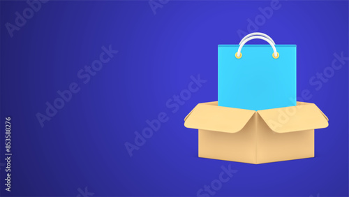 Online shopping order delivery paper bag in open cardboard box retail courier service 3d icon vector