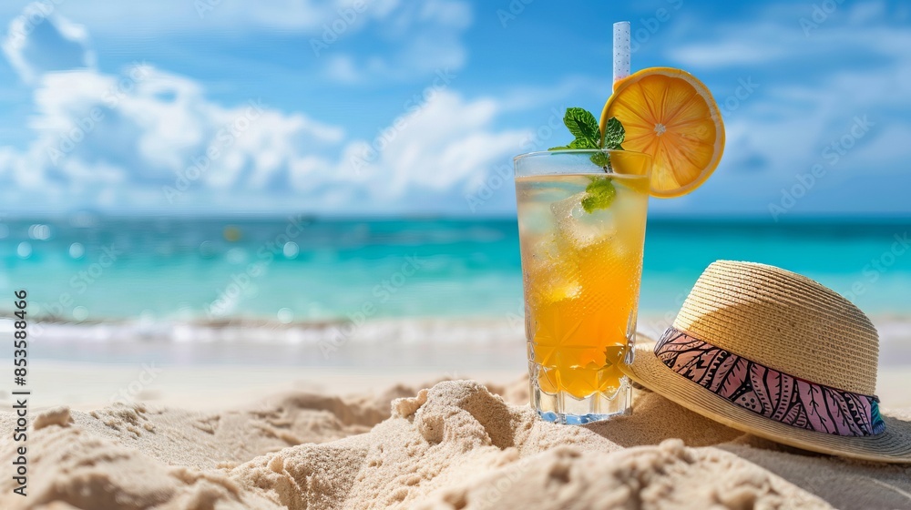 Obraz premium Beach Scene with Exotic Drink and Straw Hat